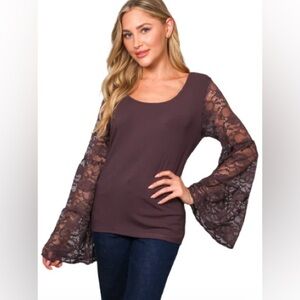 Willow Root Elegant Lace Sleeve Blouse - Brown